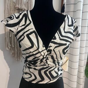 Black and White Geometric Print Wrap Crop Top